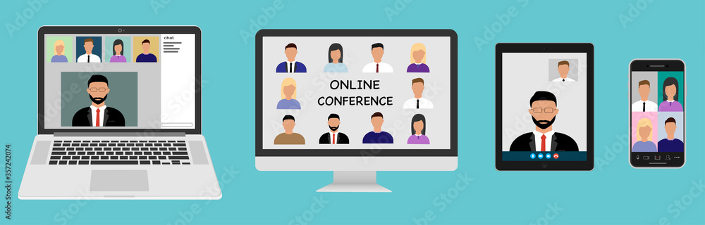 A group of people participating in online conferences and training on the screens of various devices. Video conferencing and online chat.Webinars or remote work. Vector concept sets A group of people participating in online conferences and training on the screens of various devices. Video conferencing and online chat.Webinars or remote work. Vector concept sets