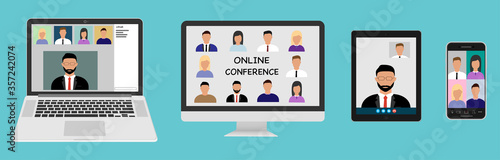 A group of people participating in online conferences and training on the screens of various devices. Video conferencing and online chat.Webinars or remote work. Vector concept sets
