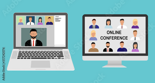 Online conference and training. Webinars or remote work. A group of people on a laptop and computer screen participating in an online conference. Video conferencing and online chat vector concept.