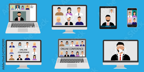 Online conference and online training, lectures, seminars. Illustrations of a group of people participating in online conferences and training on the screens of various devices. Vector concept sets