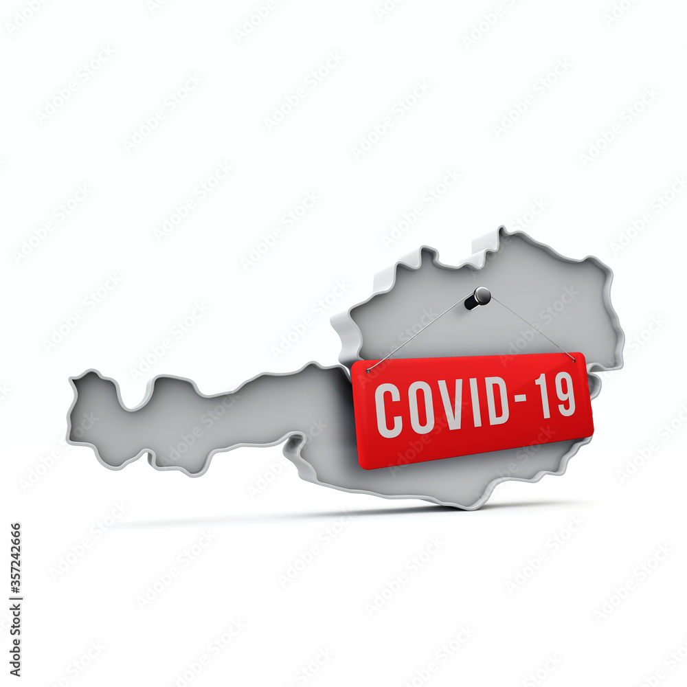 Austria simple 3D map with covid-19 red label 3D Rendering.