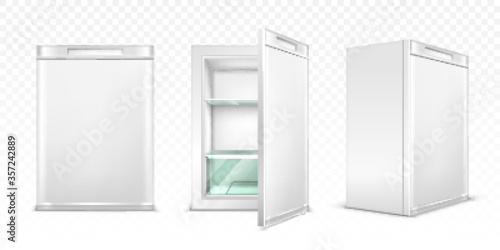 Mini refrigerator, empty white kitchen fridge with close and open door for fresh food or drinks. Realistic 3d vector cooler with glass shelves front and corner view isolated on transparent background.