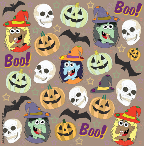 Halloween poster design set with witch, bats and pumpkins. Halloween background.