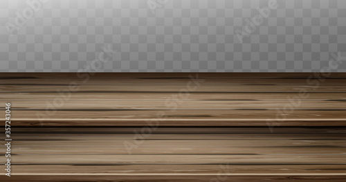 Vintage step tabletop, old junk wooden brown countertop with aged two-tier surface. Retro wood dining table, plank texture. Empty desk isolated on transparent background, realistic 3d vector mock up