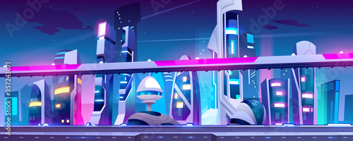 Future city, night town with skyscrapers and overpass with neon lights. Vector cartoon illustration of cityscape with futuristic buildings and road. Cyberpunk urban landscape