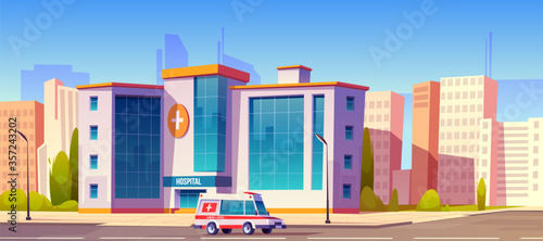 Hospital clinic building with ambulance car truck riding at road and green trees around. Medicine, city infirmary health care infrastructure, medic multistorey office, Cartoon vector illustration