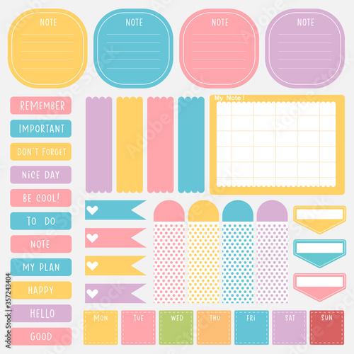 Cute paper notes in sweet color set. Printable planner stickers. Template for your message. Decorative planning element. Vector illustration.