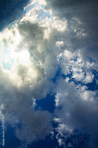 Blue sky with big clouds at sunset. Abstract background. © Swetlana Wall