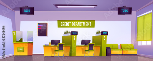 Bank office interior with cash box, staff desk and reception counter. Vector cartoon illustration of credit department in empty bank lobby with furniture and queue displays