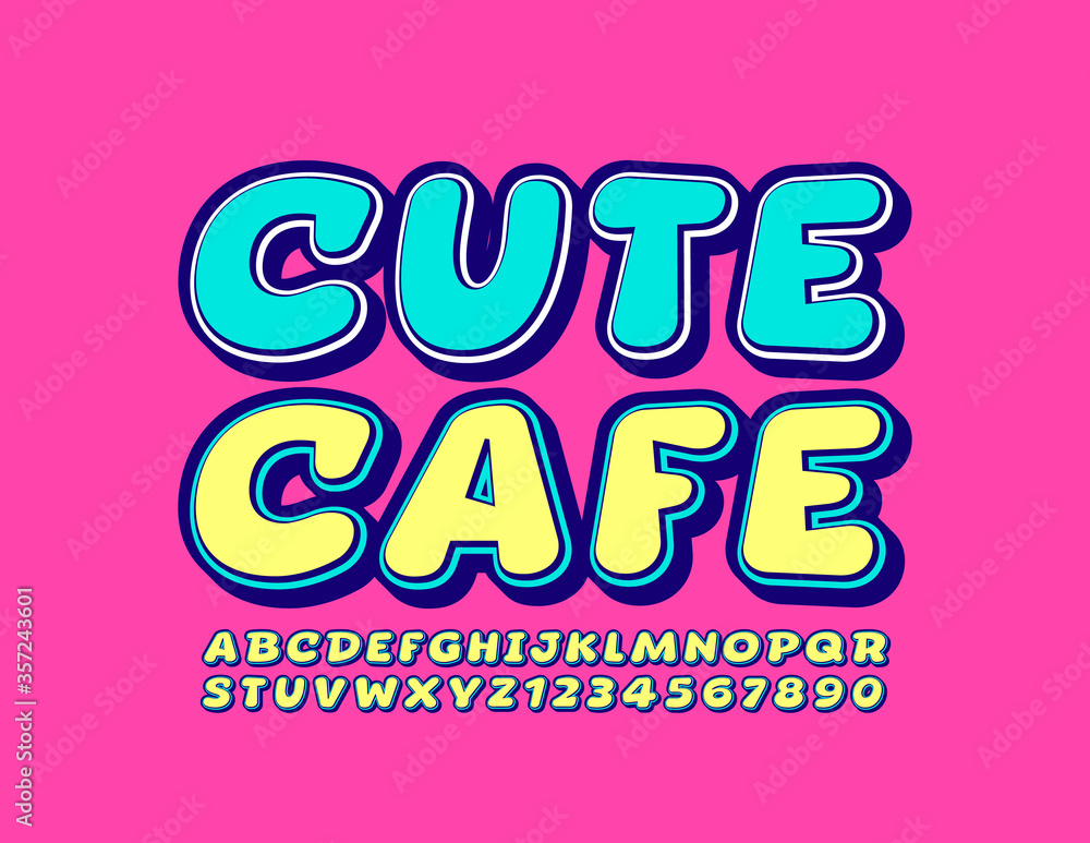 Vector bright banner Cute Cafe with playful Font. Creative Alphabet Letters and Numbers