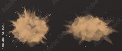 Dust clouds, dirty brown smoke, heavy thick smog with motes sand and soil particles isolated on transparent background. Air pollution vapor design element Realistic 3d vector illustration clip art set