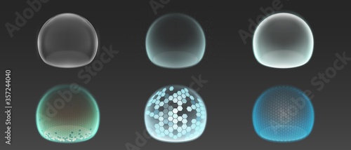 Bubble shields, protection force fields. Vector realistic set of safety energy barrier, security defence in transparent sphere with grid pattern isolated on gray background