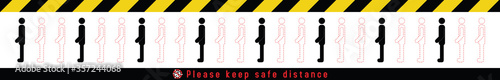 Please keep safe distance sign to help reduce the spread of covid-19 coronavirus concept. Respect physical distancing 6 feet or 2 meters floor sticker for stores and supermarkets. Vector illustration