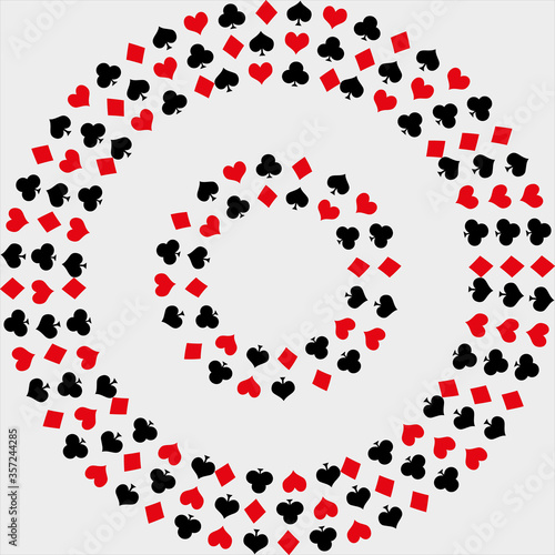Card suits. Hearts, tambourines, peaks and clubs. Playing cards. Arranged in a circle. Vector illustration