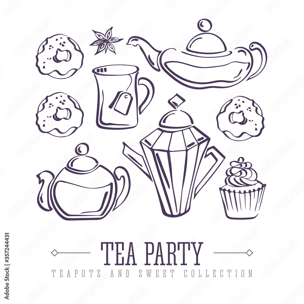 Set of isolated vector sketches of donuts, badyan, cupcake, teapots and mug Set of isolated vector sketches of donuts, badyan, cupcake, teapots and mug