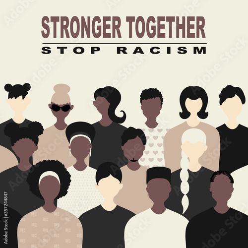 Stop racism and stronger together concept. BLM, Black lives matter,  African Americans and white people against racism, protest banners and posters about Human Right of Black People in US