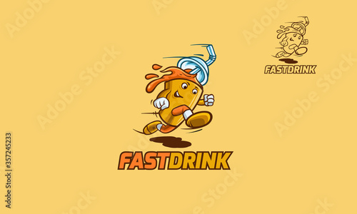 Fast Drink Logo Cartoon Character. Vector illustration of takeaway fast drink running. Creative mascot cartoon drink concept. 