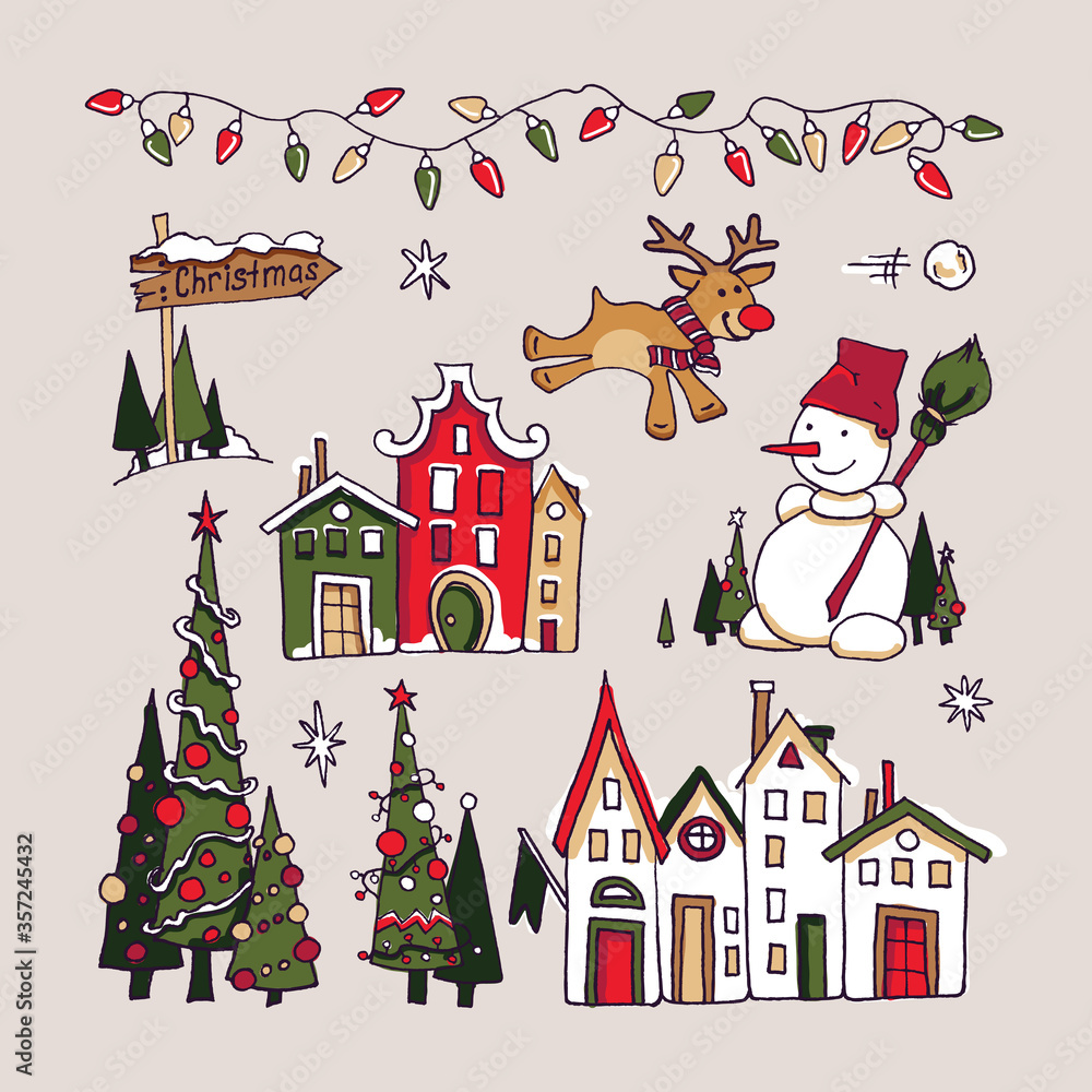 New Year element collection. Winter outdoor decorations set. Colored lights, snowman with broom, Christmas tree, snow, deer, direction sign, house facades, hand drawn, vector sketch, isolated.