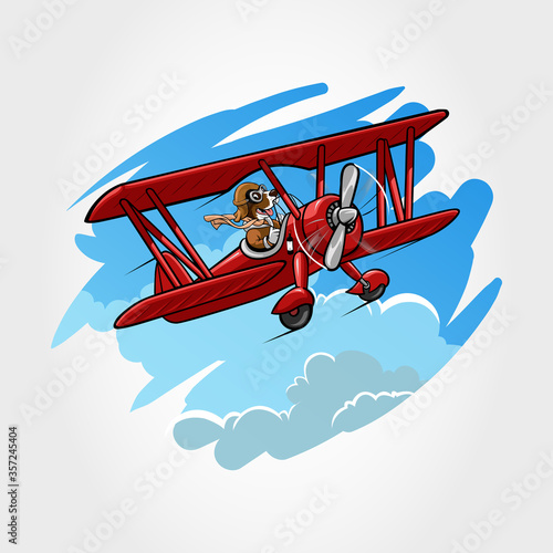 Cute little dog mascot animal flying drive a airplanes. Cartoon vector illustration isolated on sky and cloud background.