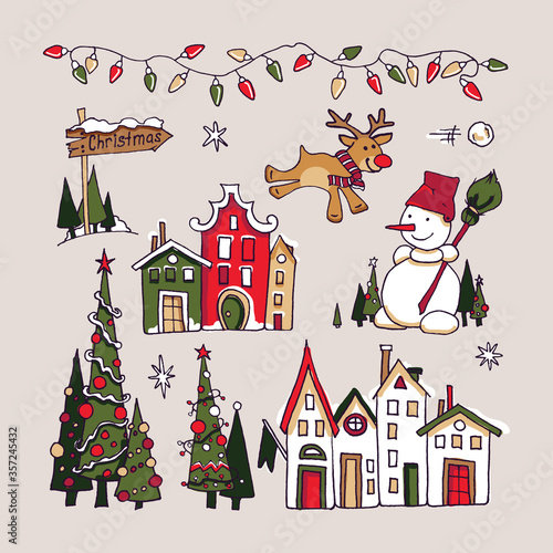 New Year element collection. Winter outdoor decorations set. Colored lights, snowman with broom, Christmas tree, snow, deer, direction sign, house facades, hand drawn, vector sketch, isolated.