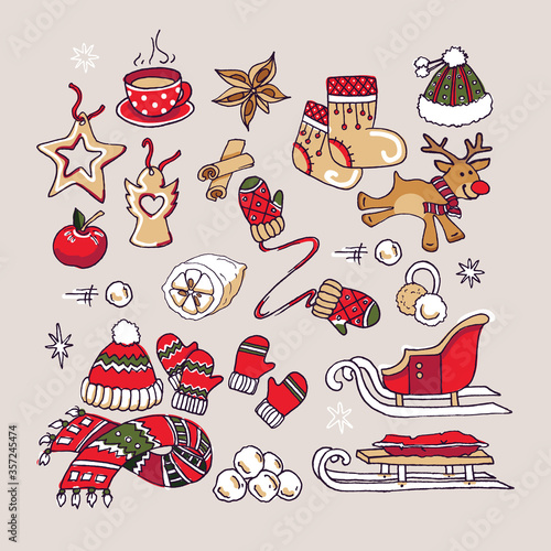 Christmas and New Year element collection. Accessories set. Mittens, cap, scarf, boots, deer, earflaps, snow balls, lemon, spice, apple, tea cup, cookies, hand drawn, vector sketch, isolated.