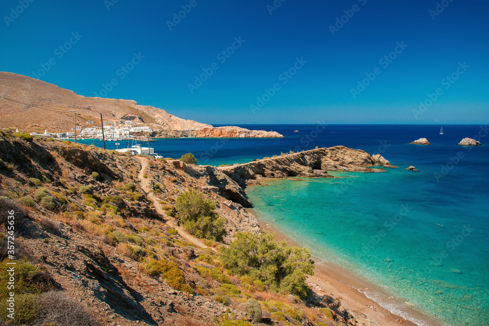 View over beautiful sea and Karavostasis town at Folegandros island, Greece