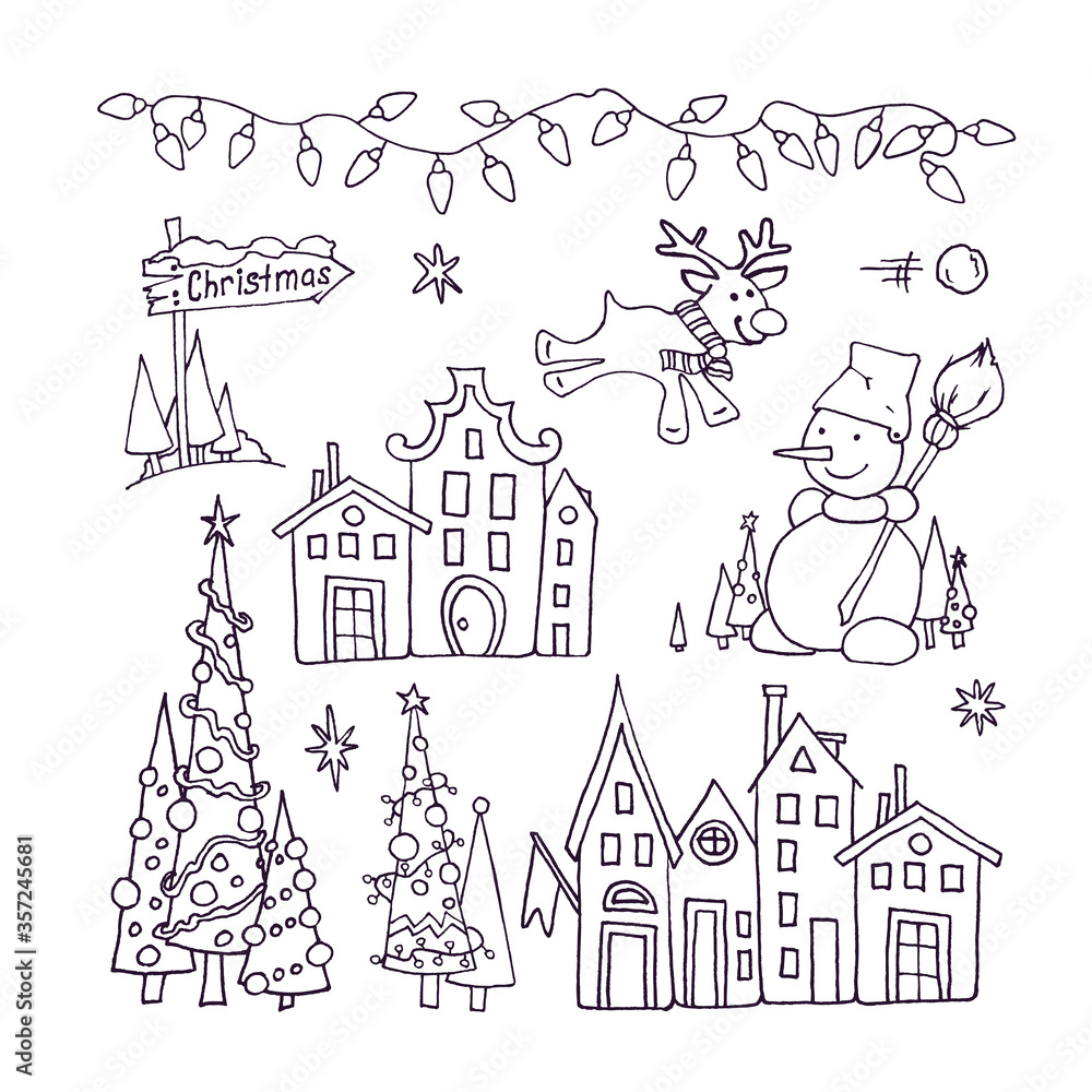 Christmas and New Year element collection. Winter outdoor decorations set. Garland, lights, sleigh, snowman, fir-tree, cone, deer, signpost, colored house, hand drawn, vector sketch, isolated.