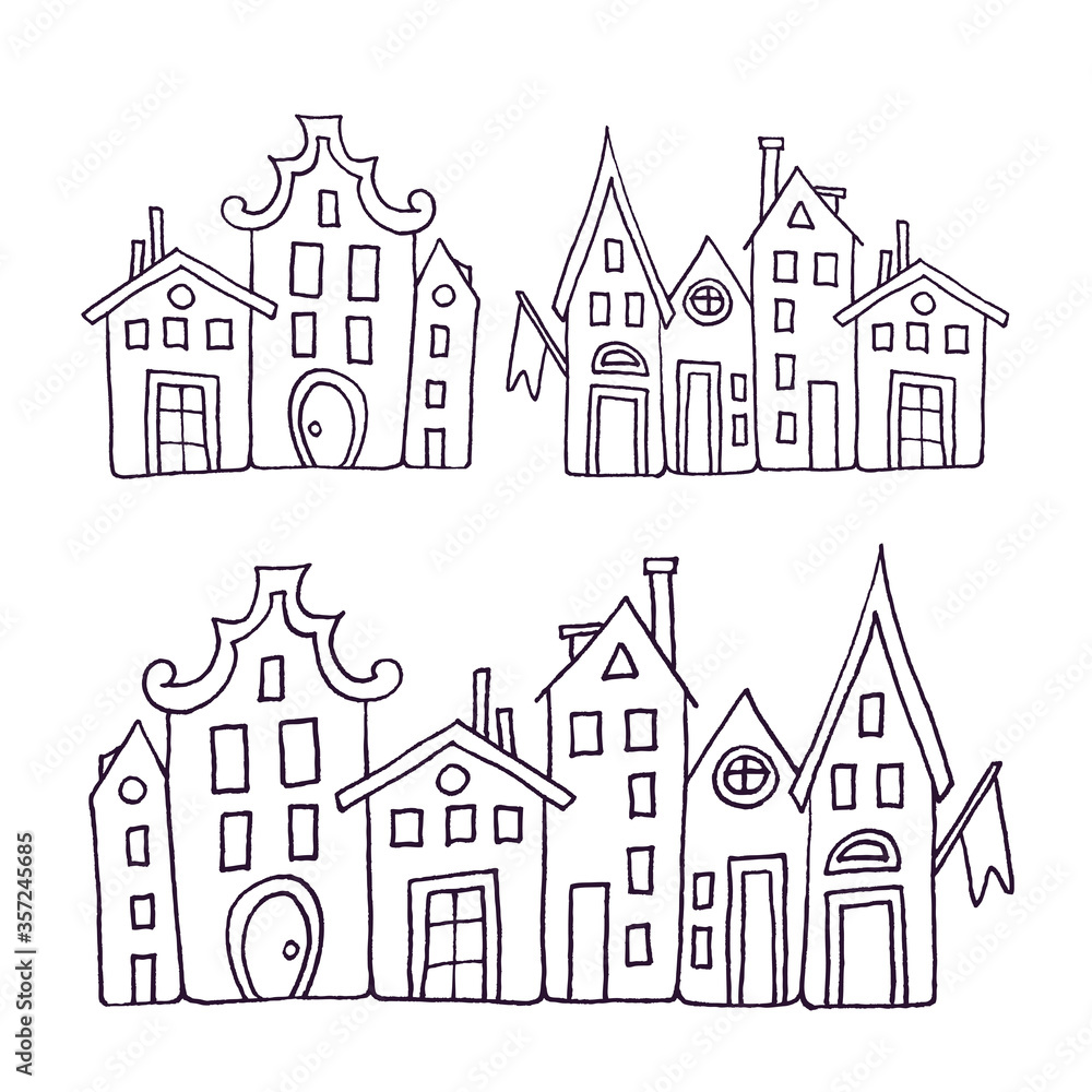 Christmas and New Year element collection. Winter buildings set. House facade, snow, roof, door, window, flag, hand drawn, vector sketch, isolated.