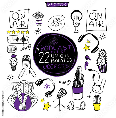 Podcast set of handwritten isolated vector objects. 22 unique symbols related to the podcast creation including lettering and decoration.