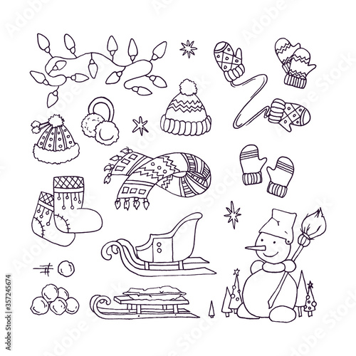 Christmas and New Year element collection. Winter accessories set. Snowman, sled, snow balls, knitted cap, mittens, scarf, earflaps, boots, colored lights garland, hand drawn, vector sketch, isolated.