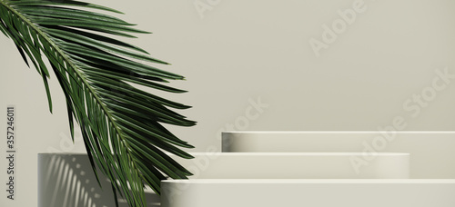 Minimal cosmetic background for product presentation. Cosmetic bottle podium and green palm leaf on grey color background. 3d render illustration. Object isolate clipping path included.