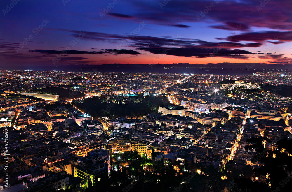 ATHENS, GREECE. Panoramic  view of the city from Lycabettus hill, after sunset. 