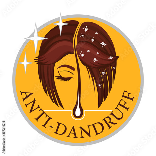 Anti-dandruff flakes free icon. Vector flat logo of a healthy hair follicle, female head with and without dandruff. Disease of the skin. Label for shampoo and medical or cosmetic hair care products.