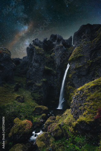 Beautiful Waterfall in Iceland at Night with view of the milky way and stars