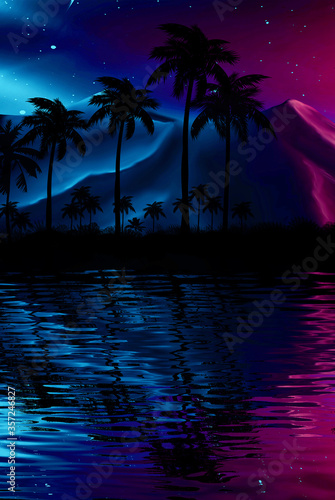 Night landscape with palm trees, against the backdrop of a neon sunset, stars. Silhouette coconut palm trees on beach at sunset. Futuristic landscape. Neon palm tree. Tropical sunset. 3D illustration