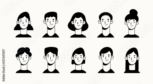 Heads and necks of boys and girls. Various haircuts. Young men and women. Black and white People avatars. Hand drawn set of Vector Icons. Cartoon style, flat design. All elements are isolated