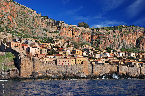 LAKONIA  PELOPONNESE  GREECE. Impressive view of the medieval  castletown  of Monemvasia from the sea. Monemvasia is often called  The Greek Gibraltar .