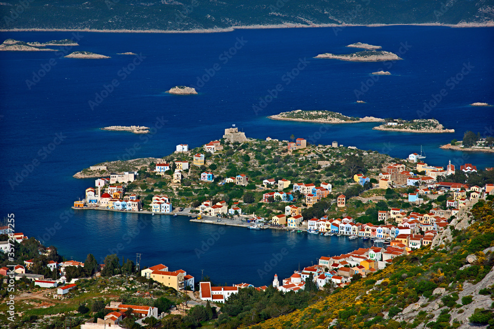 Panoramic view of the picturesque village of Kastelorizo, the only village of Kastelorizo (or 
