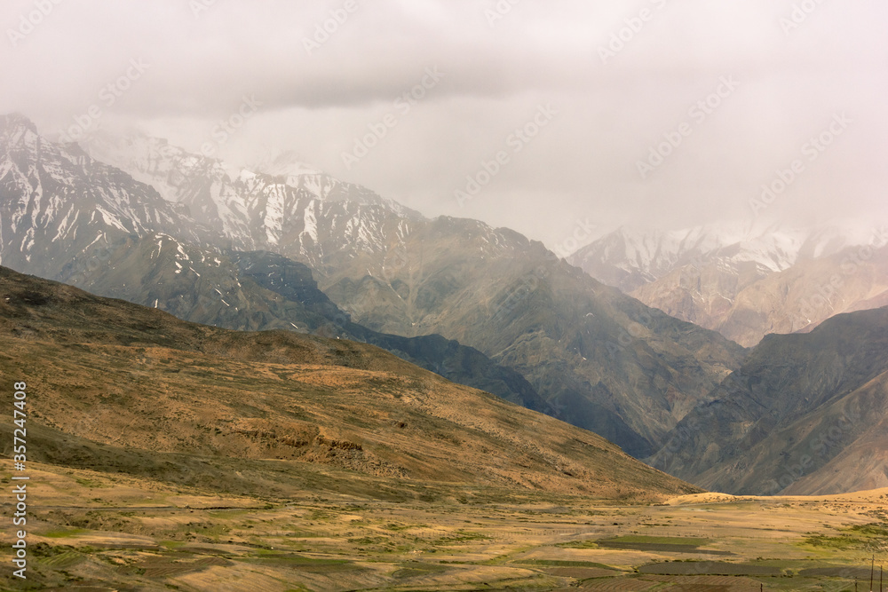 Misty Himalayan mountains in the Spiti Valley