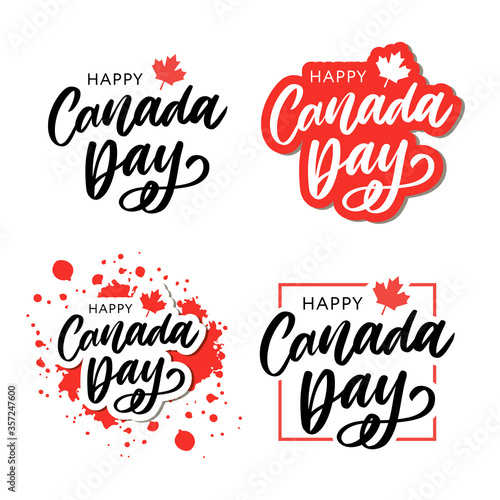 Set Happy Canada Day Hand Drawn Calligraphy Pen Brush Vector