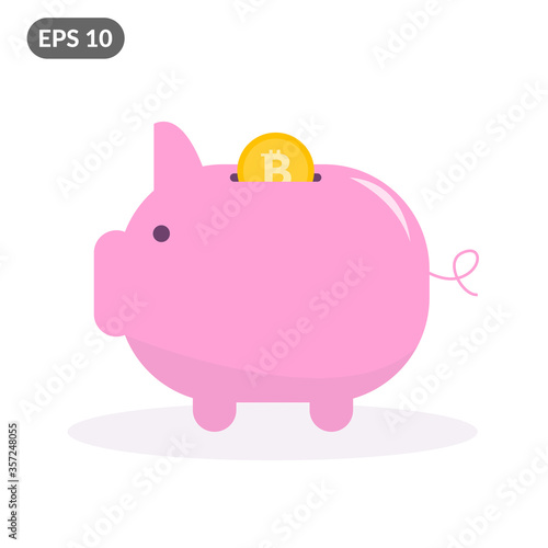 Pink piggy bank with falling golden bitcoin