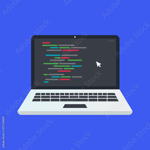 laptop web programing concept, flat coding design 