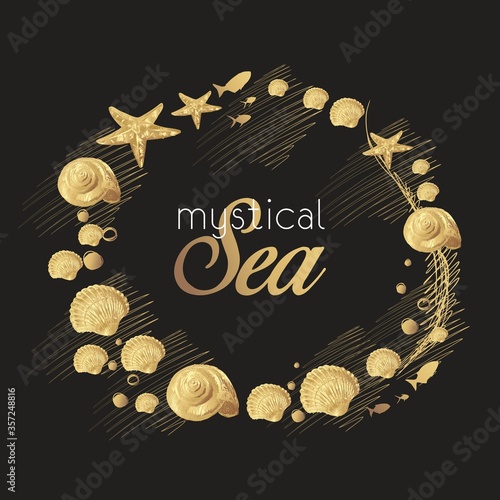 Sea frame with gold shells, fish and lines on the black background, hand-drawn.