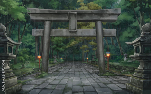 Torii forest - Rainy , Anime background , Illustration.	