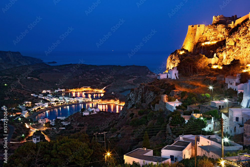 KYTHIRA ISLAND, GREECE. Chora, the capital village of the island with its castle to the right. In the background, the seaside village of Kapsali.