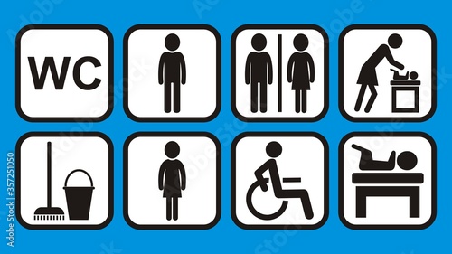 wc, restroom toilet , breastfeeding room,baby changing room, black vector icons at frame