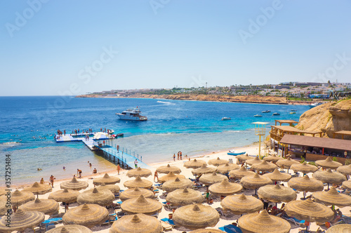 Tourist season on the Red Sea, Egypt. Beach vacation, vacation. Water landscape.