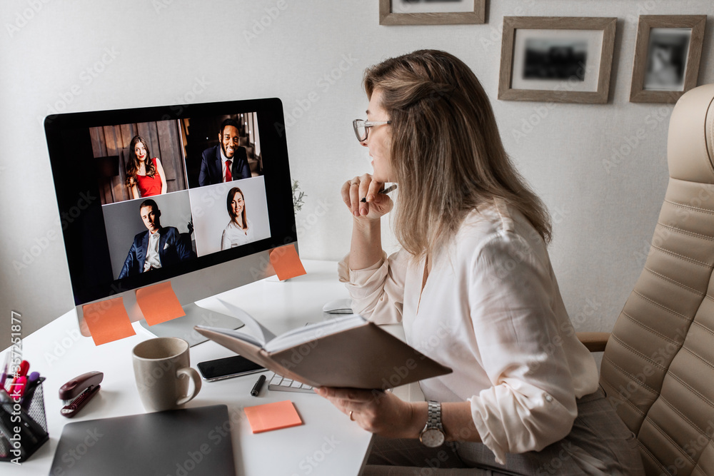 Video conference. Manager hold a business meeting on a computer from home Video conference. Manager hold a business meeting on a computer from home