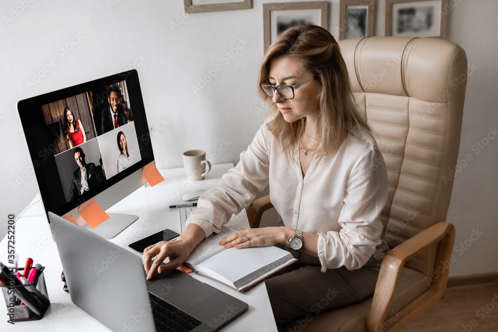 Video conference. Manager hold a business meeting on a computer from home Video conference. Manager hold a business meeting on a computer from home