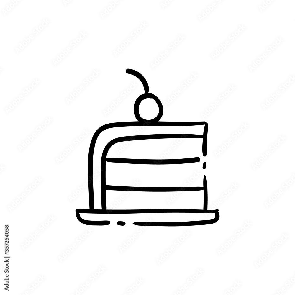 Pie portion doodle icon with cherry on top. Piece of cake hand drawn illustration. Pie portion doodle icon with cherry on top. Piece of cake hand drawn illustration.